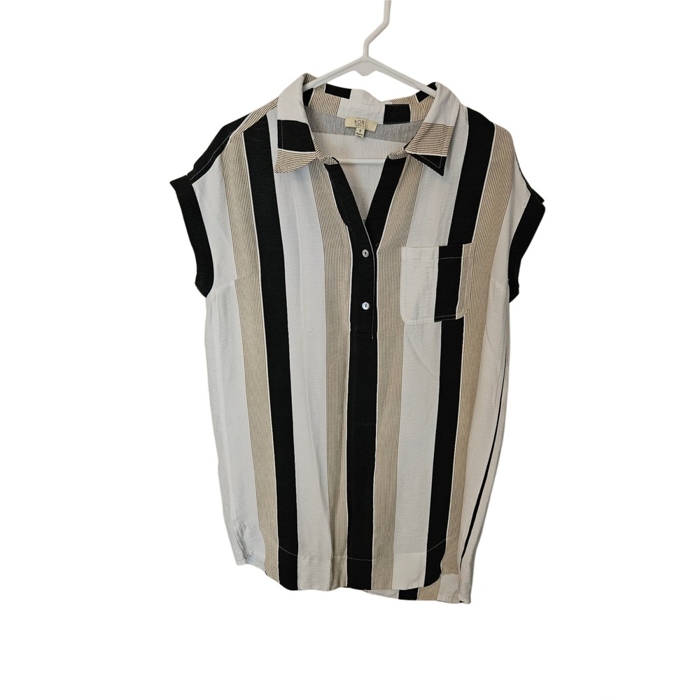 Kori America Striped Shirt Dress Womens Small Black Tan White Button Down